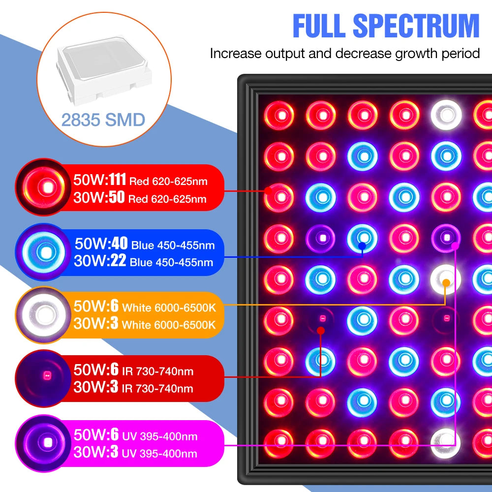 EU US UK Plug Vegetables Seed Phyto Grow Lamp LED Full Spectrum Hydroponic System Growing Light 30W 50W Seedling Fito Lampy 220V