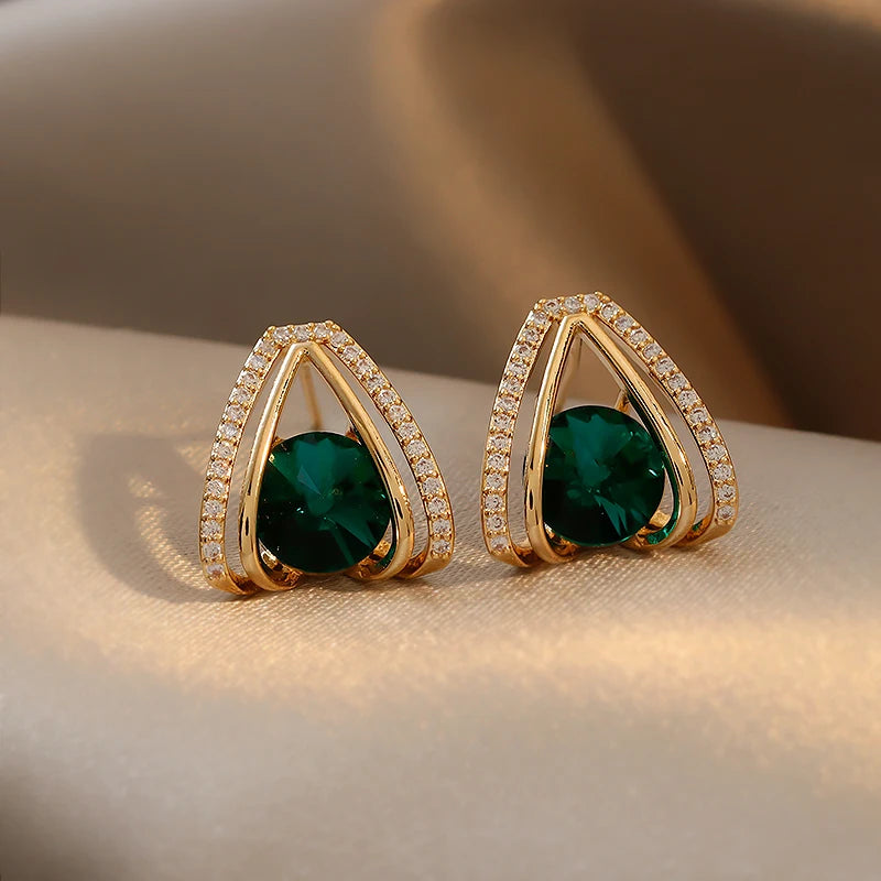 S925 Silver Needle Green Crystal Female Niche Design Earrings New Fashion Temperament Rhinestone Geometric Earrings Jewelry