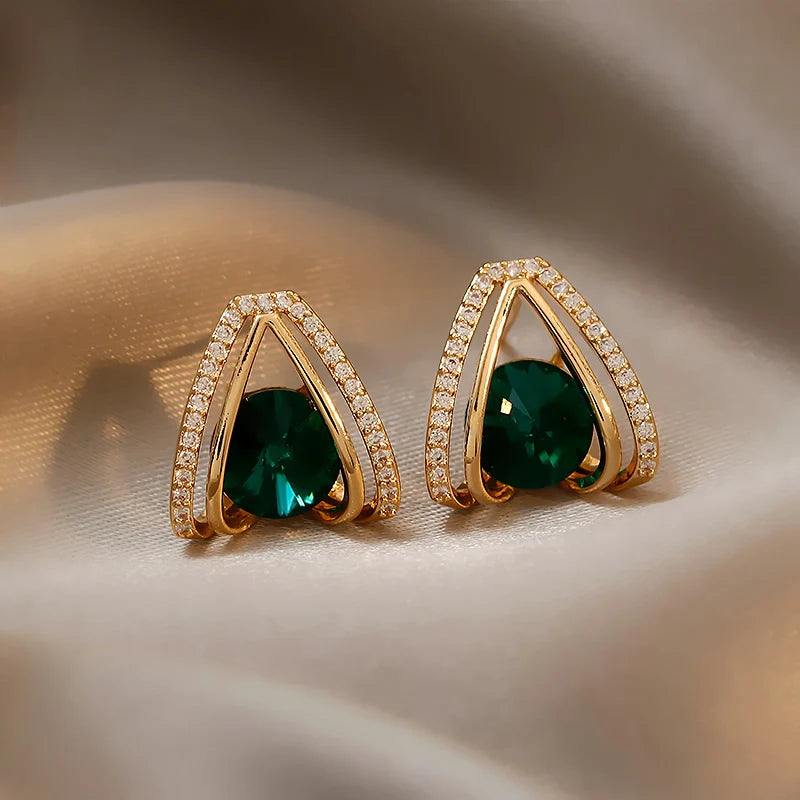 S925 Silver Needle Green Crystal Female Niche Design Earrings New Fashion Temperament Rhinestone Geometric Earrings Jewelry