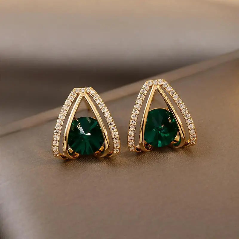 S925 Silver Needle Green Crystal Female Niche Design Earrings New Fashion Temperament Rhinestone Geometric Earrings Jewelry