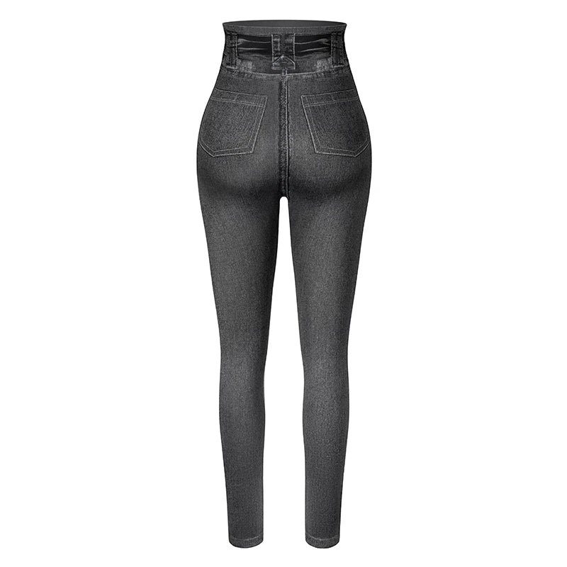 High Waist Faux Denim Print Leggings Women Sexy Skinny Pencil Pants Tummy Control Seamless Shapewear Trousers No Pocket