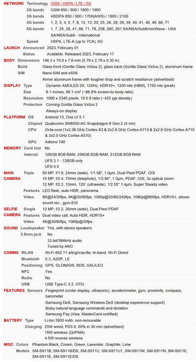 Samsung Galaxy S23 5G Phone 6.1" AMOLED 128/256/512GB ROM 8GB RAM Snapdragon NFC - Pulse Electro