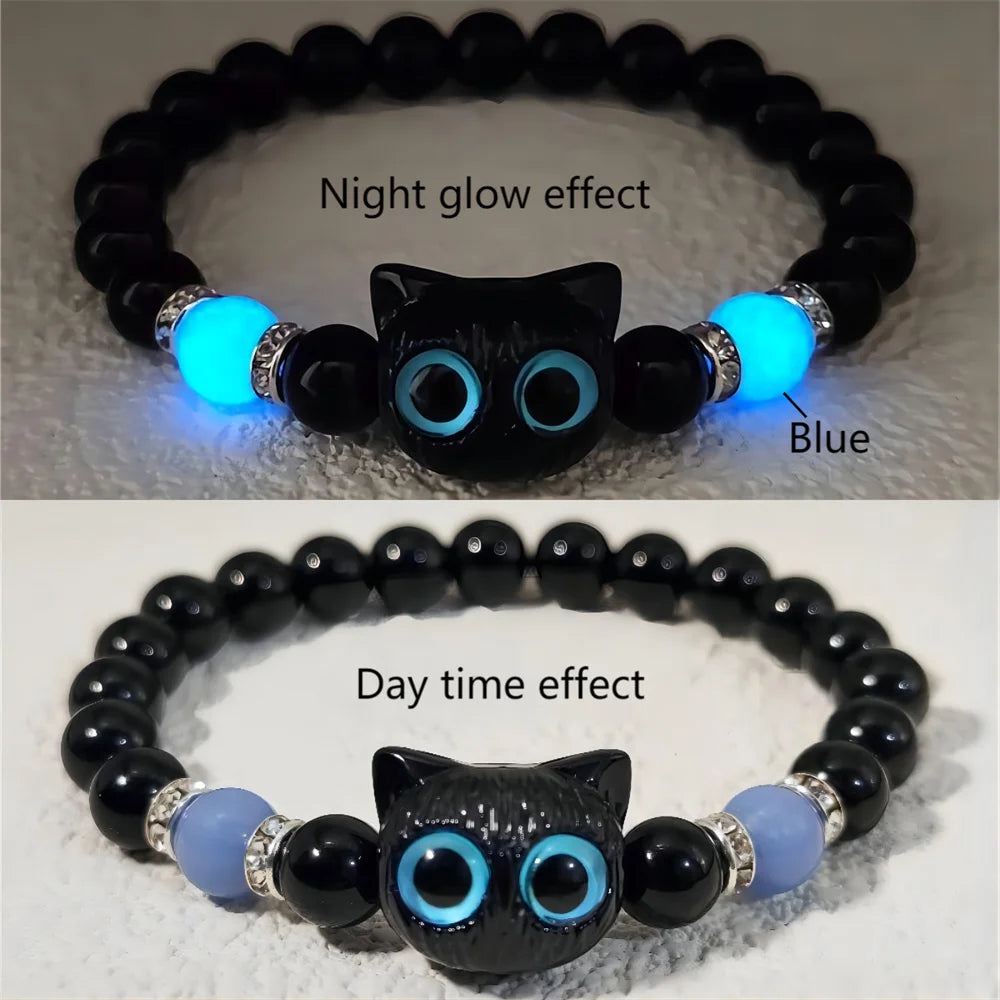 Matching Bracelets unisex Luminous Cute Cat Friendship Bracelets Black White Cat Head Bangles Glow In The Dark Gift