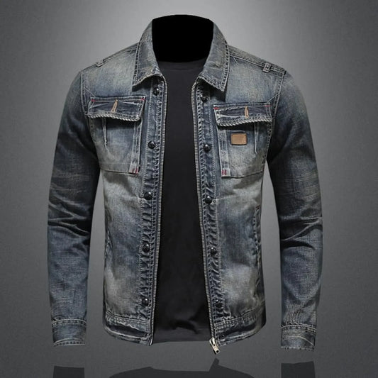 Vintage Denim Jacket with Zip Stand Up Cotton Slim Fit Denim Coat Jeans Jacket Classic Hip Hop Varsity Winter Men