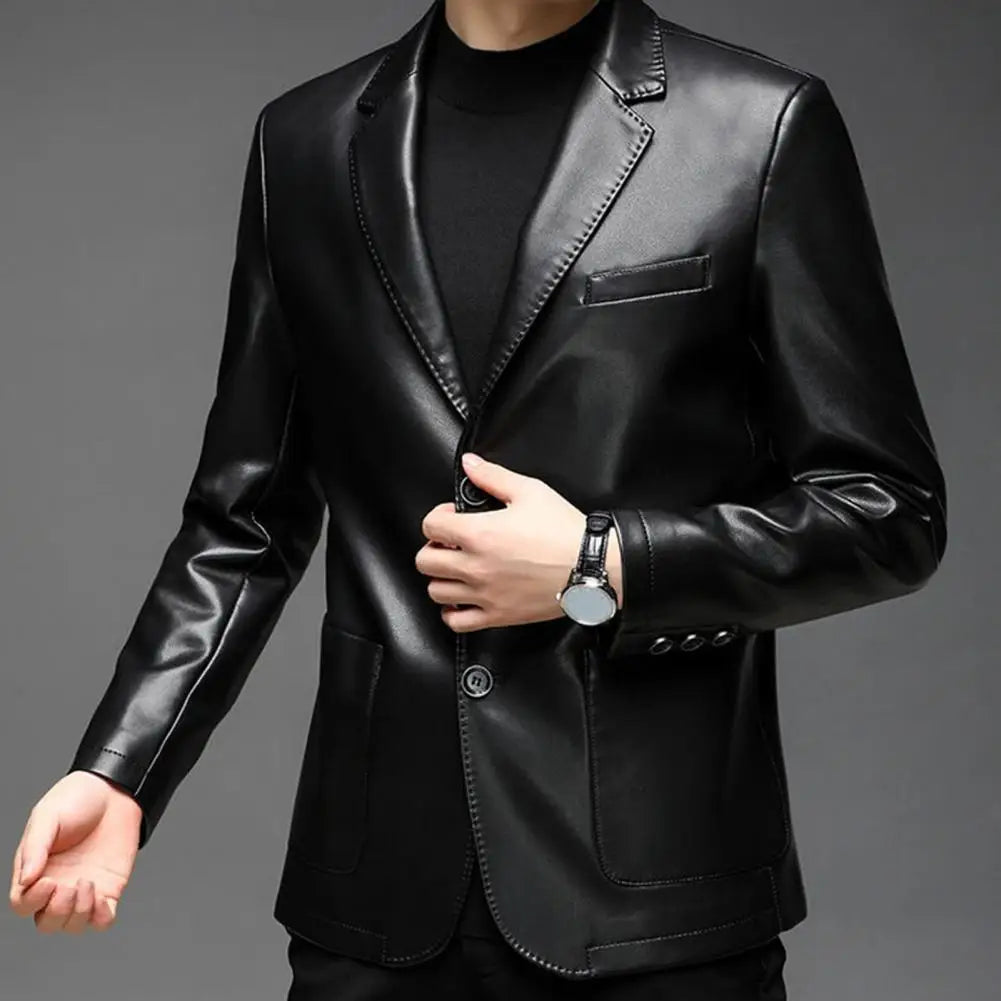 Mens' Jacket with Button Decoration Long-lasting Wear Men Jacket Stylish Lapel Collar Men's Leather Jacket for Outdoor for Men