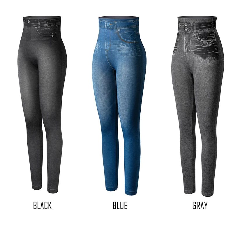 High Waist Faux Denim Print Leggings Women Sexy Skinny Pencil Pants Tummy Control Seamless Shapewear Trousers No Pocket