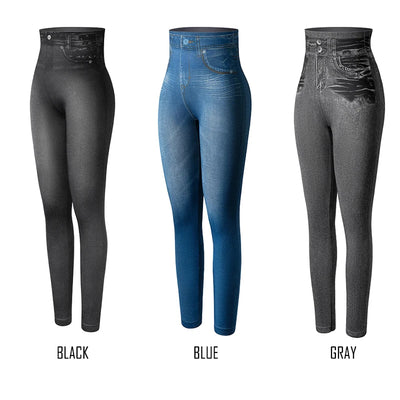 High Waist Faux Denim Print Leggings Women Sexy Skinny Pencil Pants Tummy Control Seamless Shapewear Trousers No Pocket