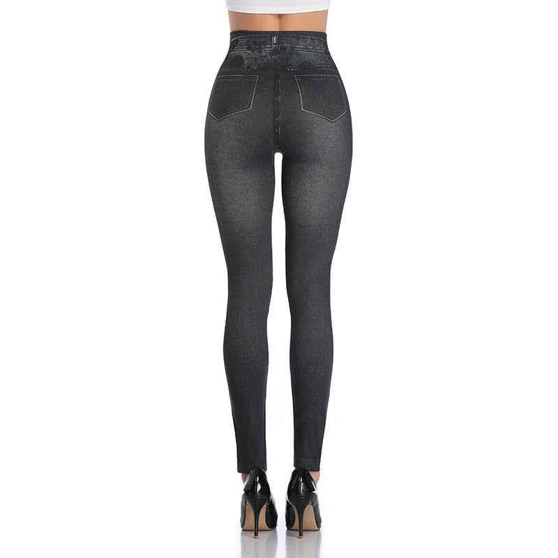 High Waist Faux Denim Print Leggings Women Sexy Skinny Pencil Pants Tummy Control Seamless Shapewear Trousers No Pocket