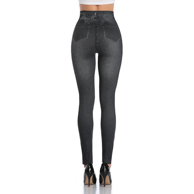 High Waist Faux Denim Print Leggings Women Sexy Skinny Pencil Pants Tummy Control Seamless Shapewear Trousers No Pocket
