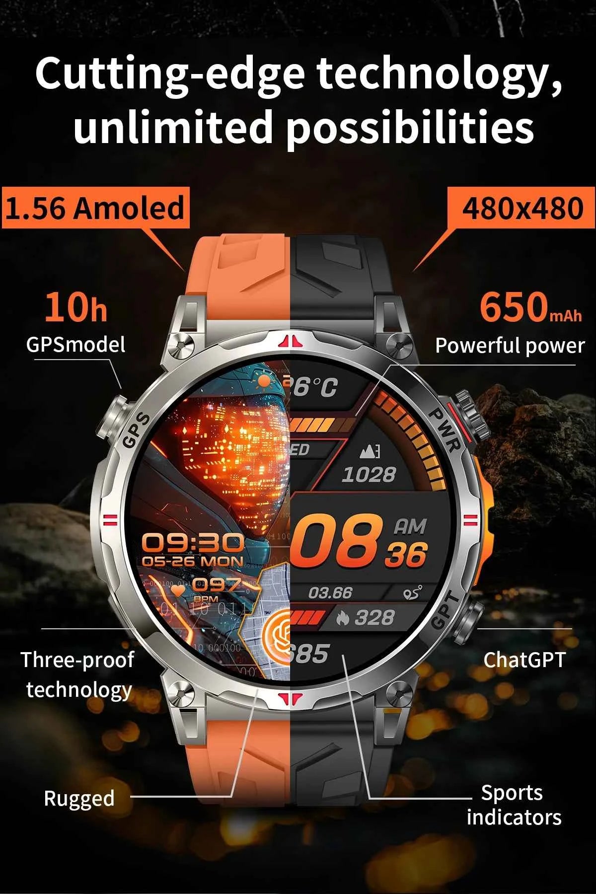 2025 New Military GPS Smartwatch T-Rex3 with 5ATM Waterproof, 650mAh Battery, Heart Rate Monitor, Compass, AI GPT, and Sports Tracker for Men - Pulse Electro