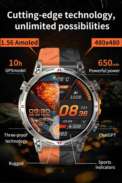 2025 New Military GPS Smartwatch T-Rex3 with 5ATM Waterproof, 650mAh Battery, Heart Rate Monitor, Compass, AI GPT, and Sports Tracker for Men - Pulse Electro