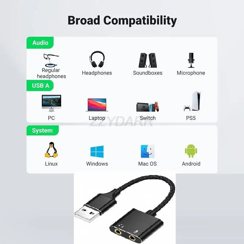 USB to Audio Jack Sound Card Adapter with Dual TRS 3-Pole Headphone and Mic USB to Aux 3.5mm External Audio Converter for Laptop