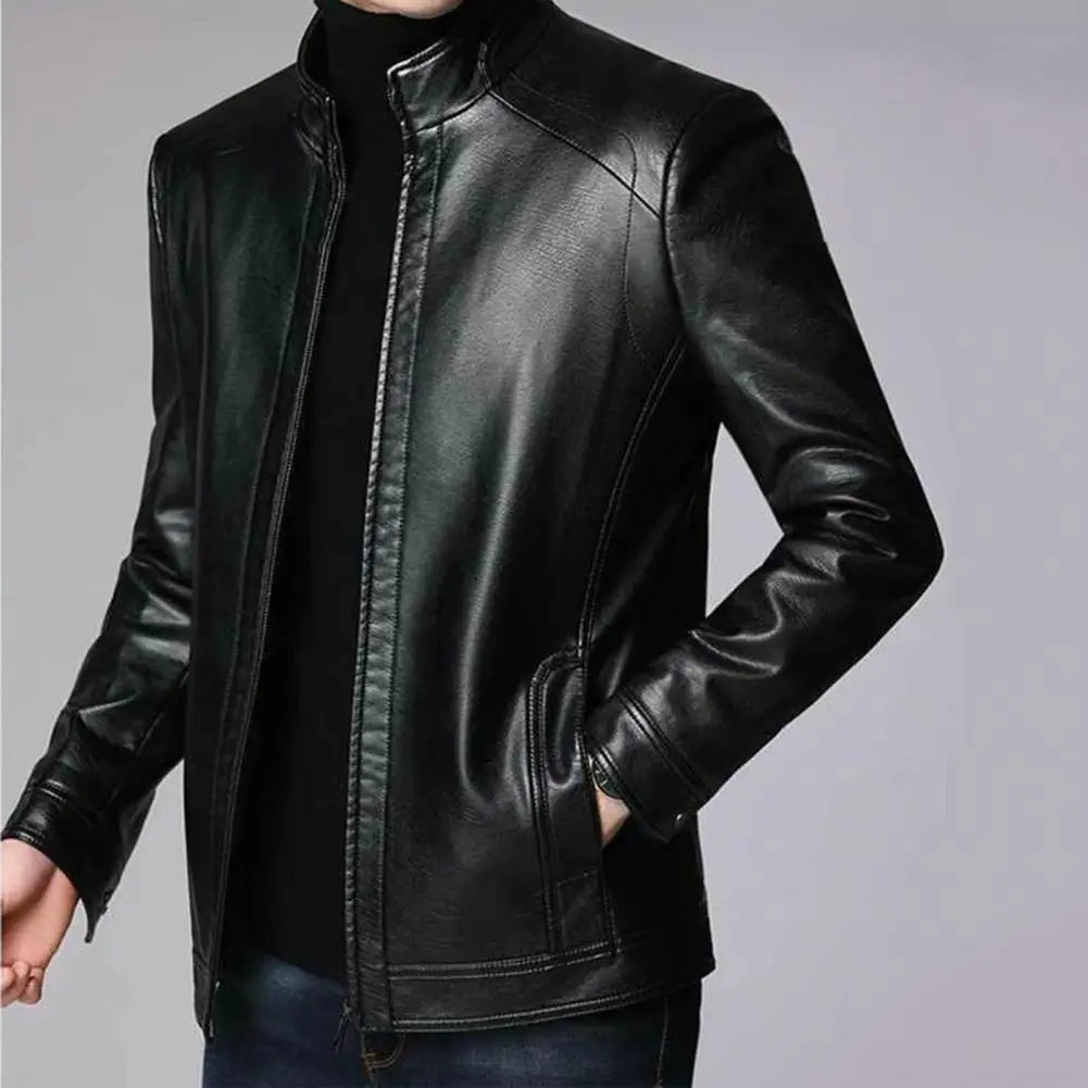 Men Faux Leather Jacket Men's Faux Leather Motorcycle Jacket with Stand Collar Thick Warm Lining Windproof Design for Autumn