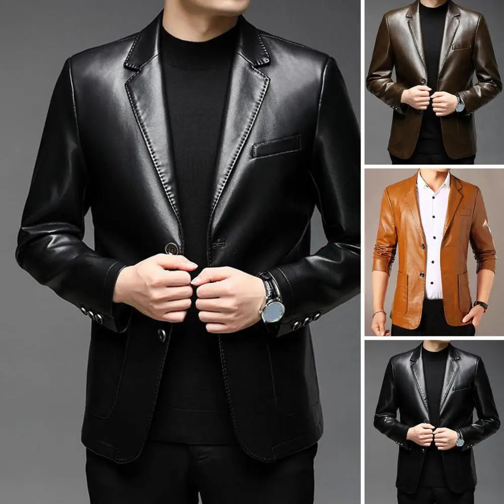 Mens' Jacket with Button Decoration Long-lasting Wear Men Jacket Stylish Lapel Collar Men's Leather Jacket for Outdoor for Men