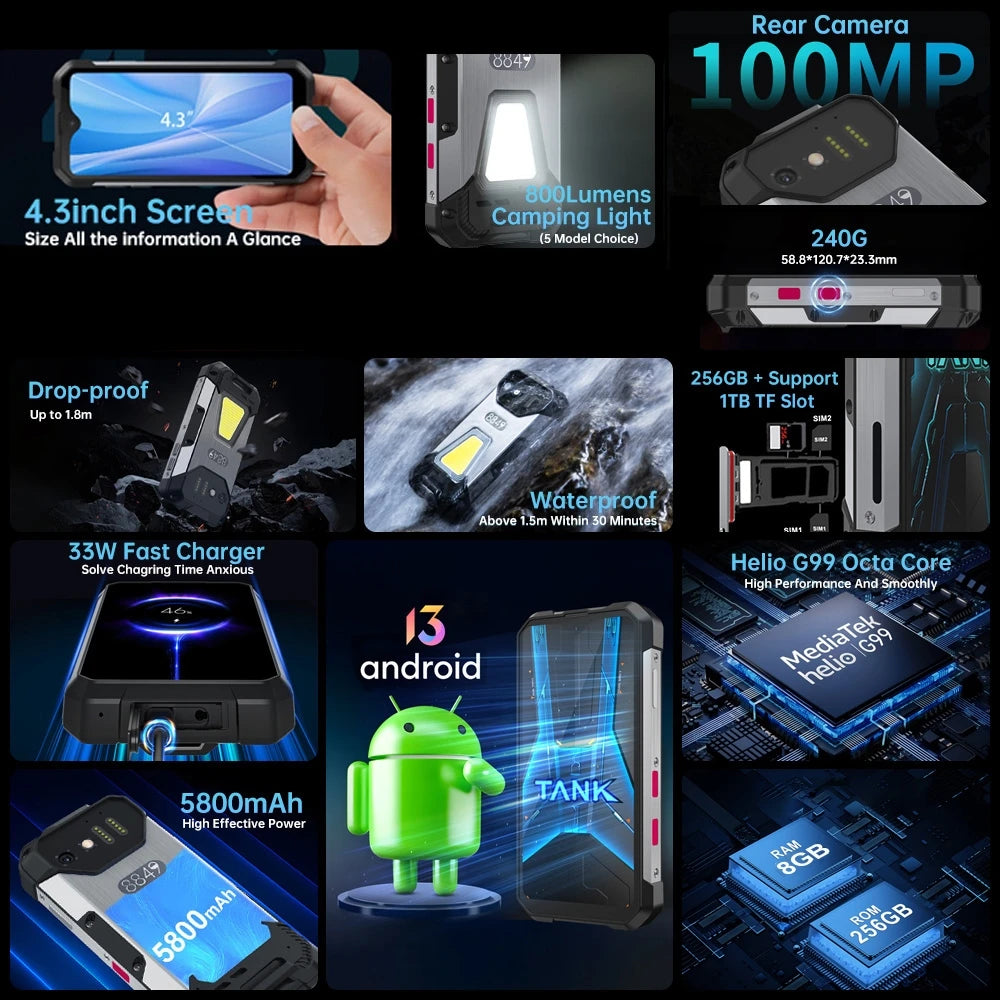 Unihertz Tank Mini 1 Rugged Phone 8GB+256GB Night Vision 100MP Camera 4.3" Display Android 13 Helio G99 4G Smartphone