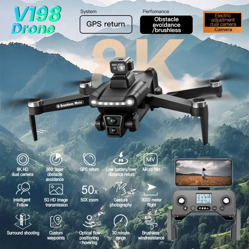 Xiaomi V198GPS Professional Drone ESC 8K  HD Camera Brushless Obstacle Avoidance Aerial Optical Foldable Quadcopter Mini Drone