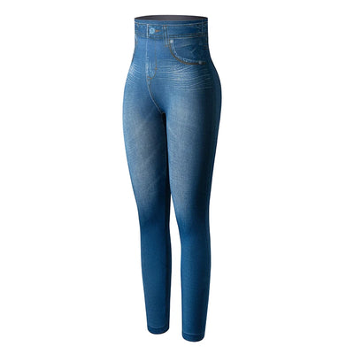 High Waist Faux Denim Print Leggings Women Sexy Skinny Pencil Pants Tummy Control Seamless Shapewear Trousers No Pocket