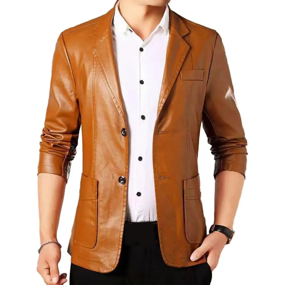 Mens' Jacket with Button Decoration Long-lasting Wear Men Jacket Stylish Lapel Collar Men's Leather Jacket for Outdoor for Men