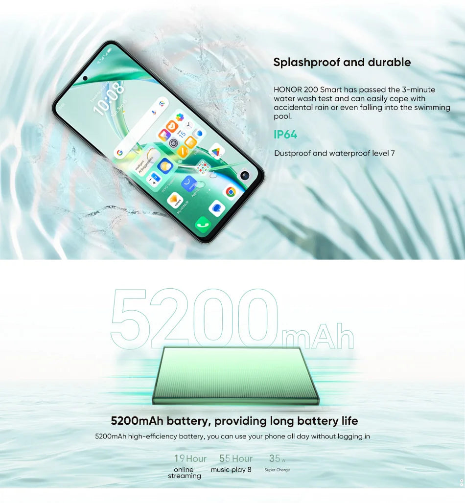 HONOR 200 Smart Global Version 6.8" FHD+ 120Hz LCD Snapdragon 4 Gen2 5200mAh 35W Fast Charge Bluetooth 5.0 Android 14 NFC