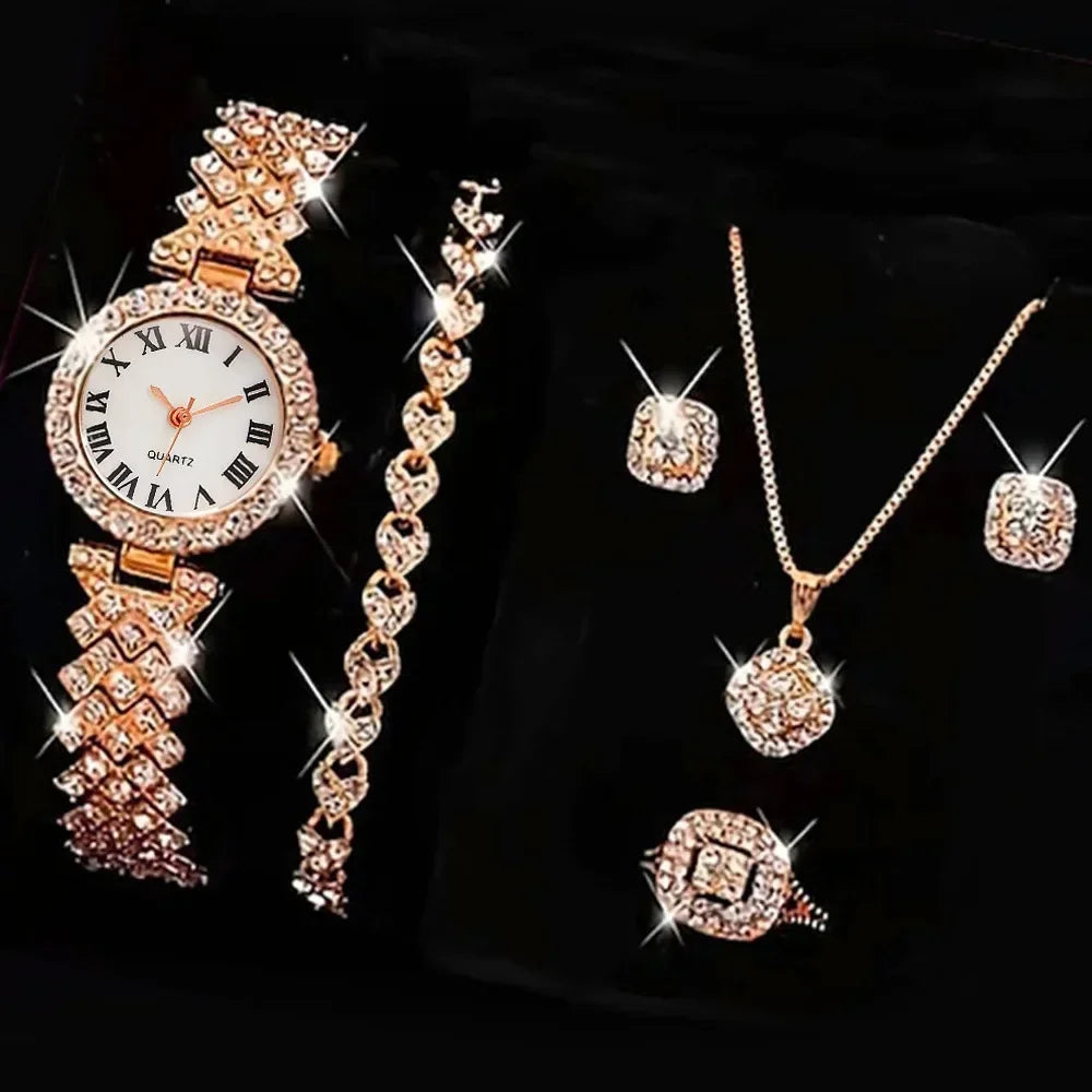 6PCS Set Women Watch Clock Roman Dial Luxury Brand Design Casual Ladies Quartz Wrist Watch Bracelet Set Women