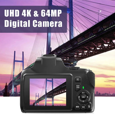 Digital Camera 4K 64MP Digital SLR Camera for Photography & Video 10X Optical Zoom Professional Cameras for YouTube with Flash