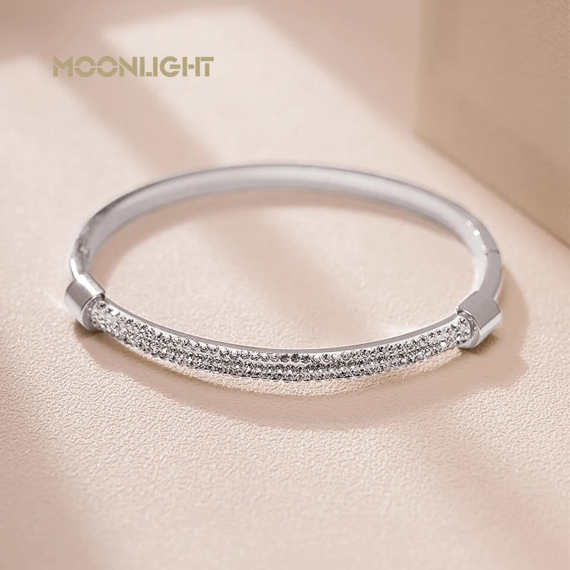 MOONLIGHT Fashion Cubic Zirconia Cuff Bangles for Women Trendy Titanium Steel Circular Classic Bracelet