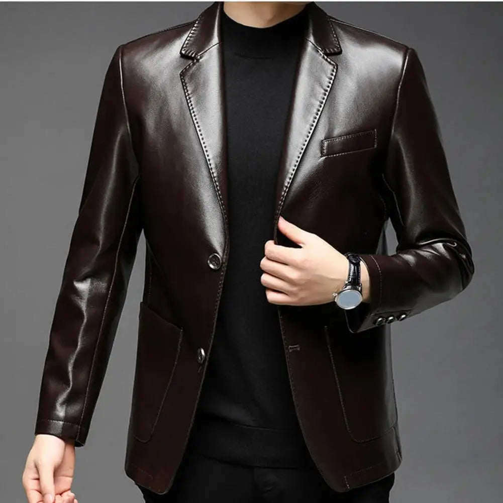 Mens' Jacket with Button Decoration Long-lasting Wear Men Jacket Stylish Lapel Collar Men's Leather Jacket for Outdoor for Men