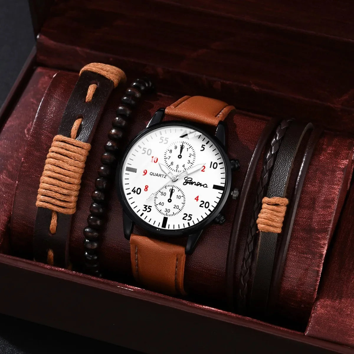 4/2/1pcs Men Sports Watches Set Man Business Quartz Wristwatch Luxury Brown Leather Bracelet Men Casual Clock Watch（no Box）