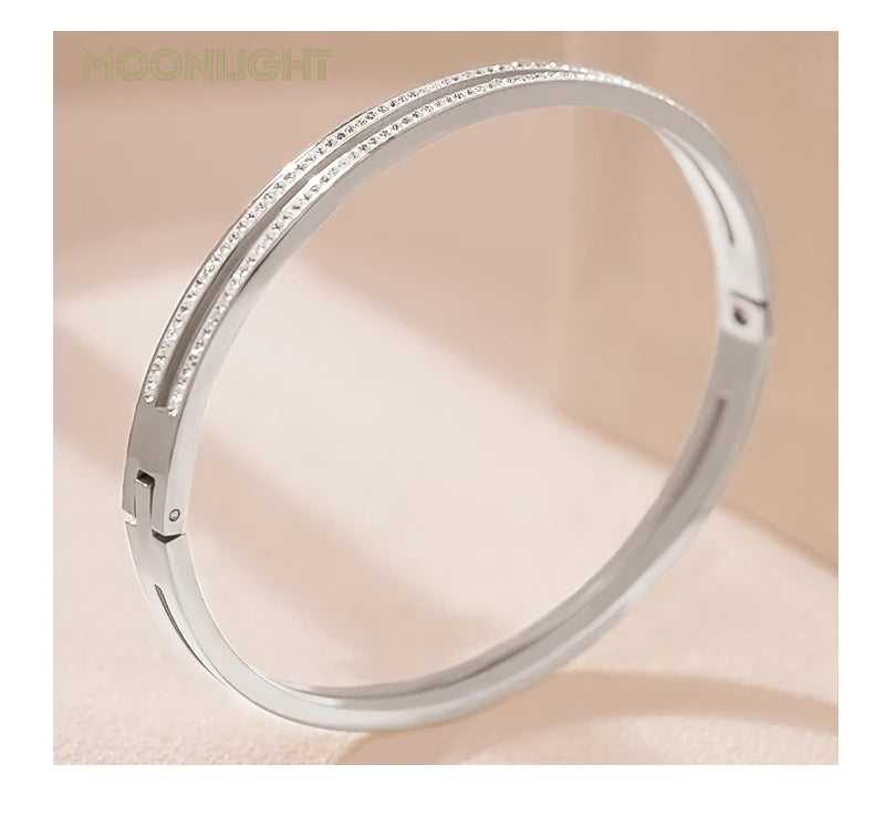 MOONLIGHT Fashion Cubic Zirconia Cuff Bangles for Women Trendy Titanium Steel Circular Classic Bracelet