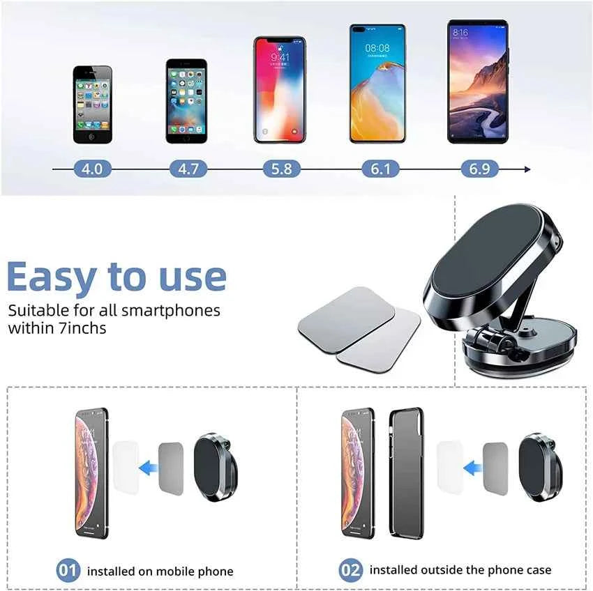 1080 Rotate Magnetic Car Phone Holder for iPhone, Samsung, Xiaomi - Foldable Magnet Cell Smartphone Support GPS Bracket - Pulse Electro