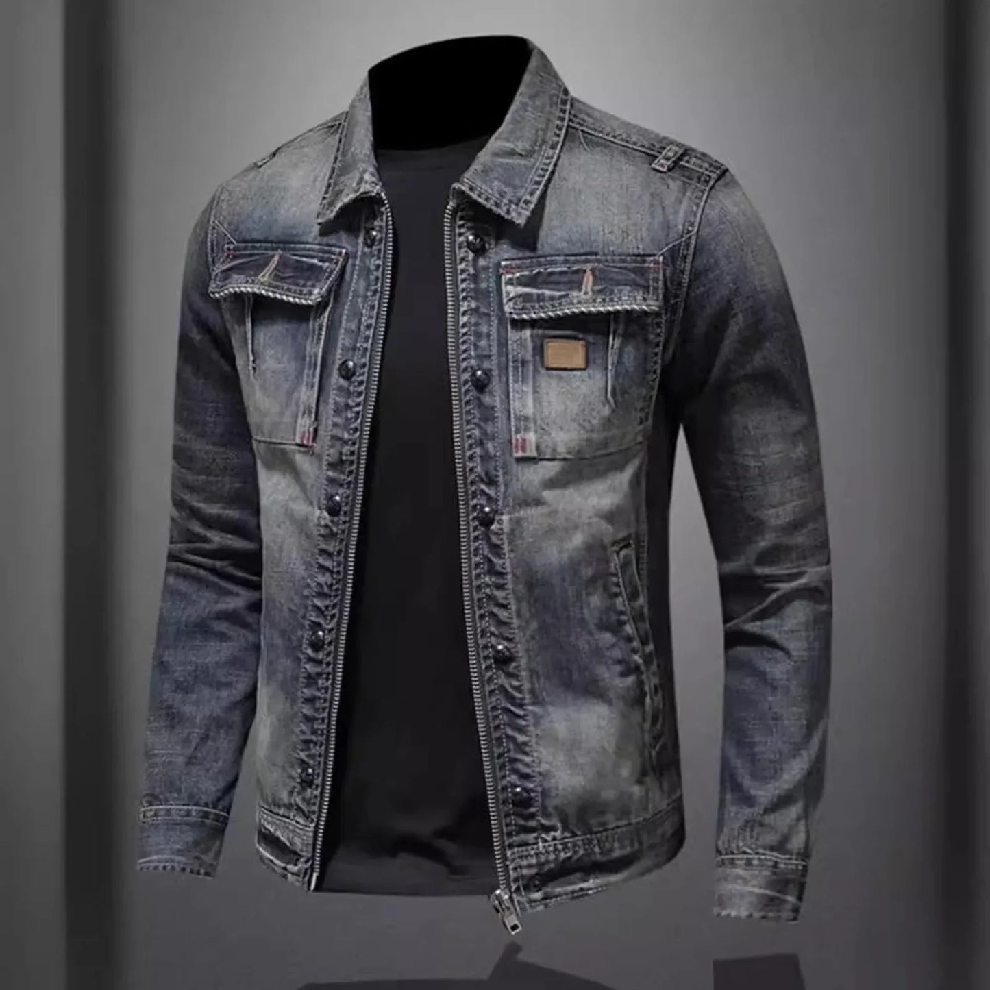 Vintage Denim Jacket with Zip Stand Up Cotton Slim Fit Denim Coat Jeans Jacket Classic Hip Hop Varsity Winter Men