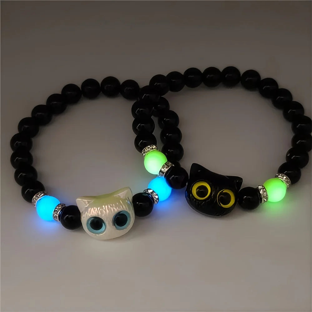 Matching Bracelets unisex Luminous Cute Cat Friendship Bracelets Black White Cat Head Bangles Glow In The Dark Gift