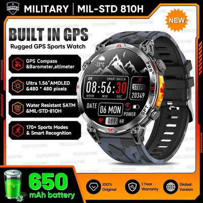 2025 New Military GPS Smartwatch T-Rex3 with 5ATM Waterproof, 650mAh Battery, Heart Rate Monitor, Compass, AI GPT, and Sports Tracker for Men - Pulse Electro