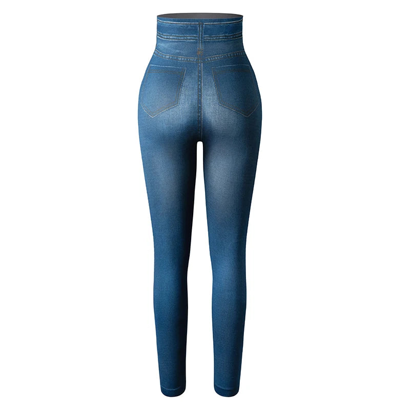 High Waist Faux Denim Print Leggings Women Sexy Skinny Pencil Pants Tummy Control Seamless Shapewear Trousers No Pocket