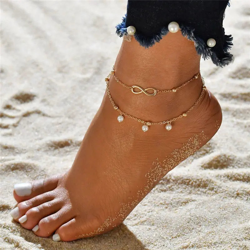 Simple Double Zircon Cross 8 Shape Word Female Anklet Barefoot Anklet Summer Vintage Foot Jewelry Accessories