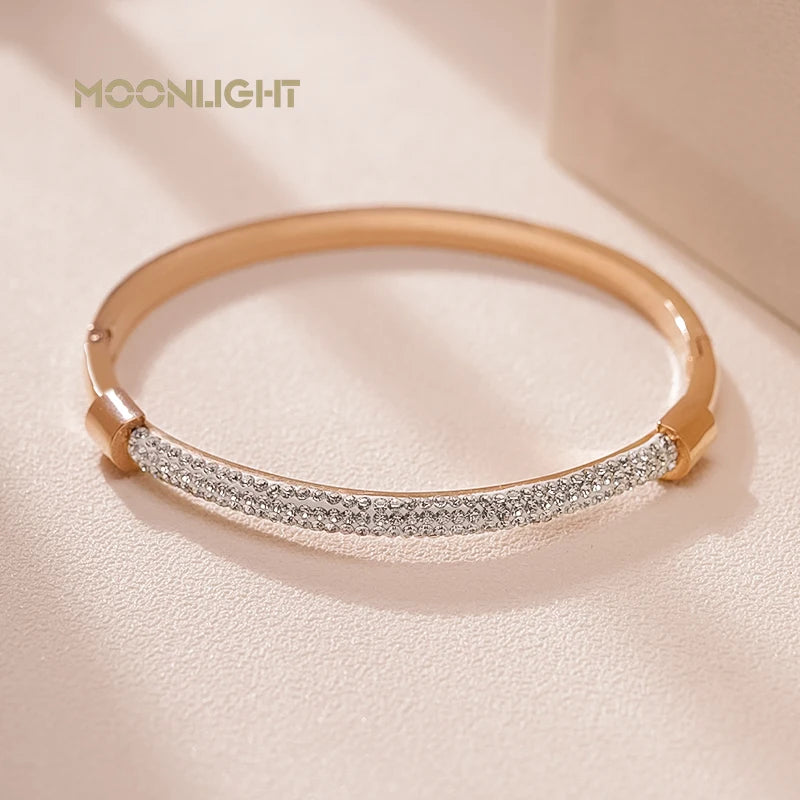 MOONLIGHT Fashion Cubic Zirconia Cuff Bangles for Women Trendy Titanium Steel Circular Classic Bracelet