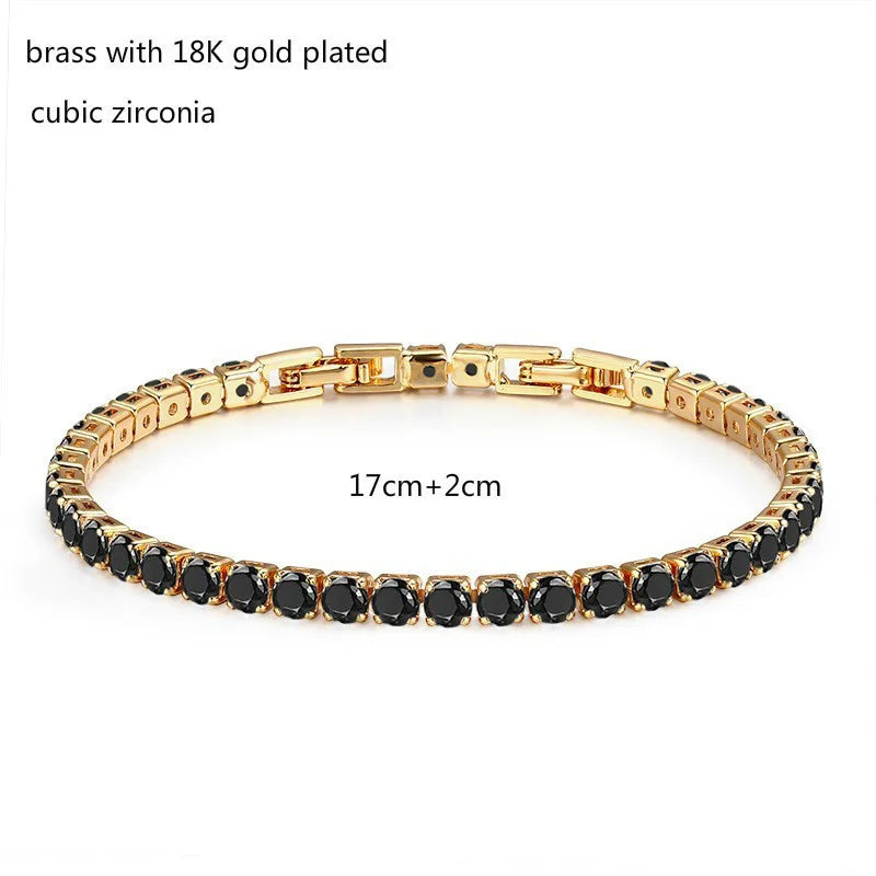 4mm 17+2cm Brass Gold Color Full Round Black CZ Tennis Bracelet & Bangles For Women Girls Jewelry Braceletes Pulseras Bracciali