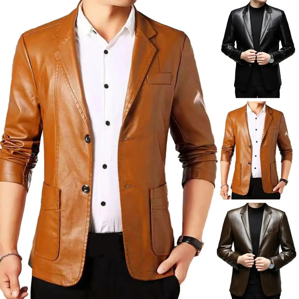 Mens' Jacket with Button Decoration Long-lasting Wear Men Jacket Stylish Lapel Collar Men's Leather Jacket for Outdoor for Men