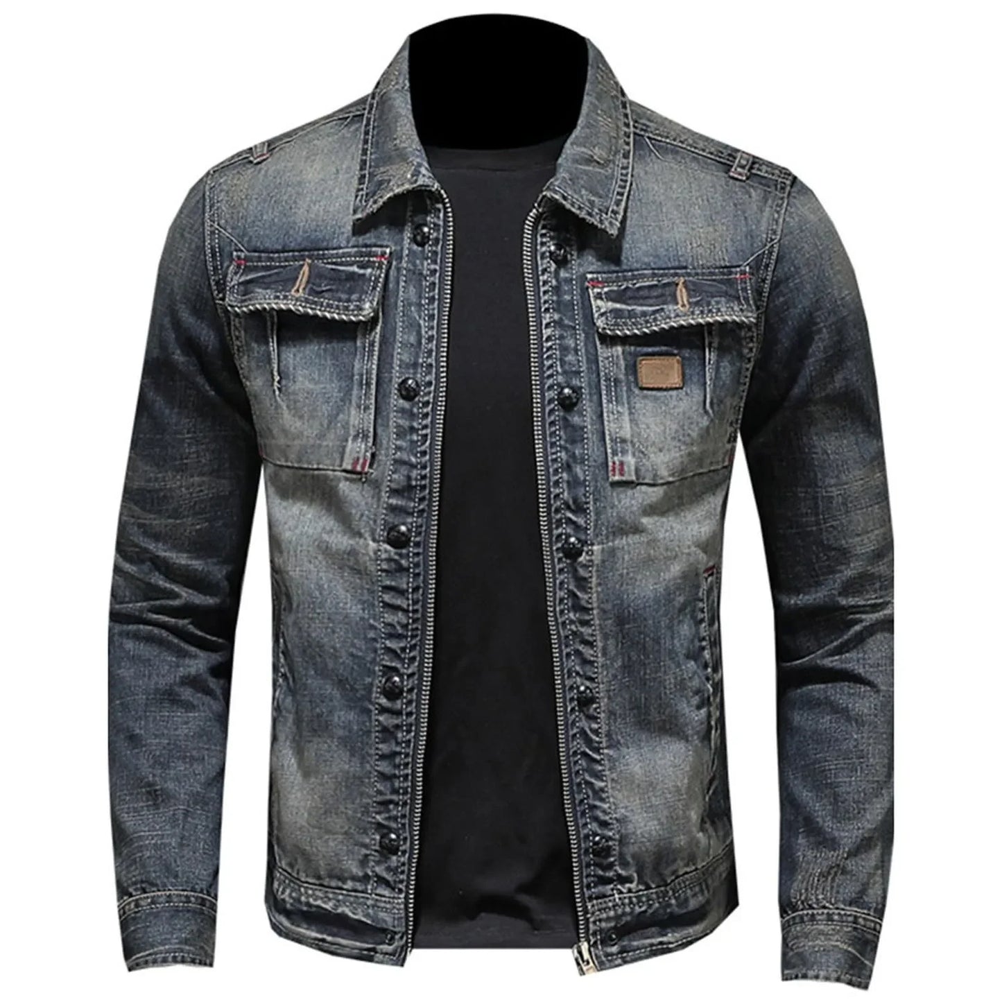 Vintage Denim Jacket with Zip Stand Up Cotton Slim Fit Denim Coat Jeans Jacket Classic Hip Hop Varsity Winter Men