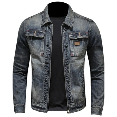 Vintage Denim Jacket with Zip Stand Up Cotton Slim Fit Denim Coat Jeans Jacket Classic Hip Hop Varsity Winter Men