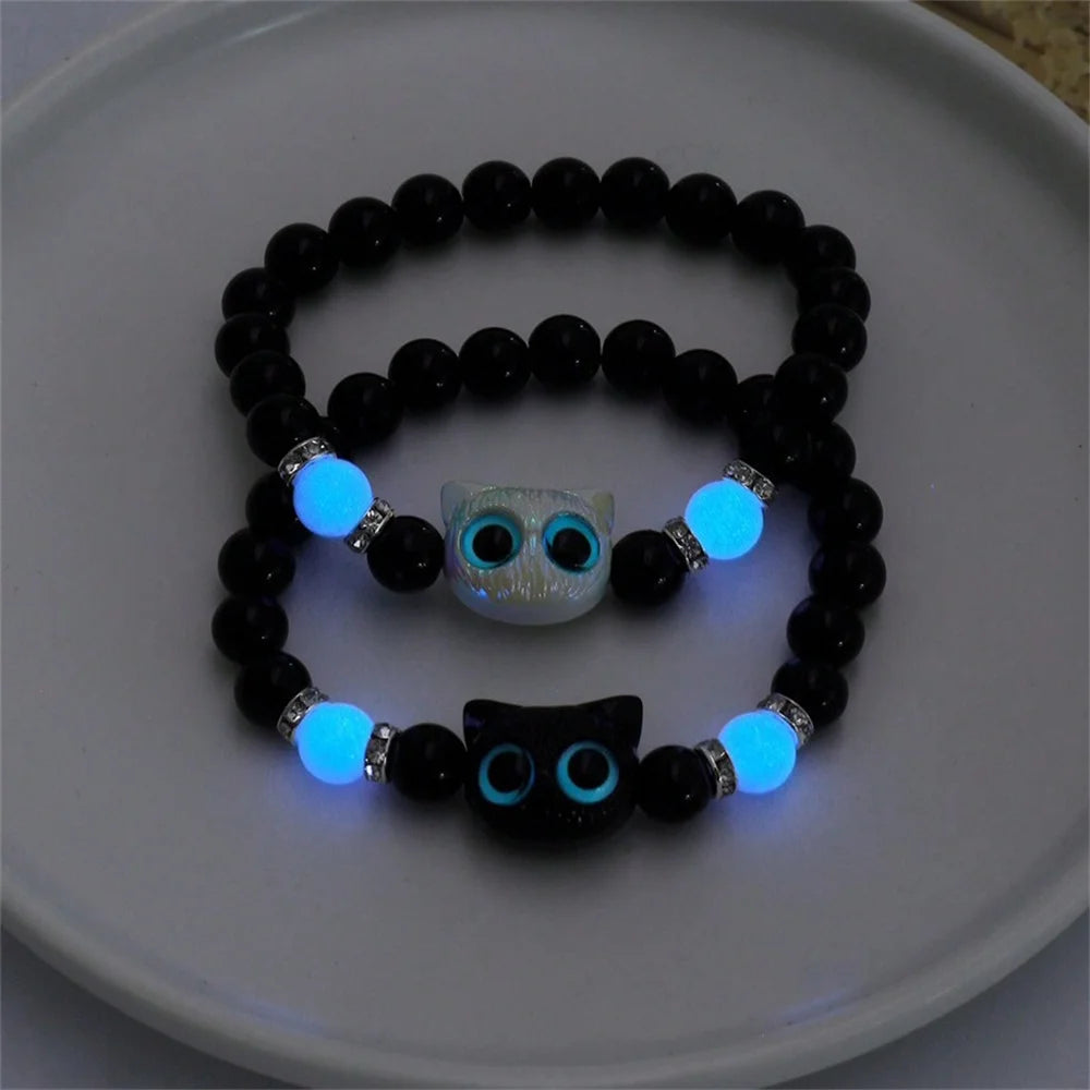 Matching Bracelets unisex Luminous Cute Cat Friendship Bracelets Black White Cat Head Bangles Glow In The Dark Gift