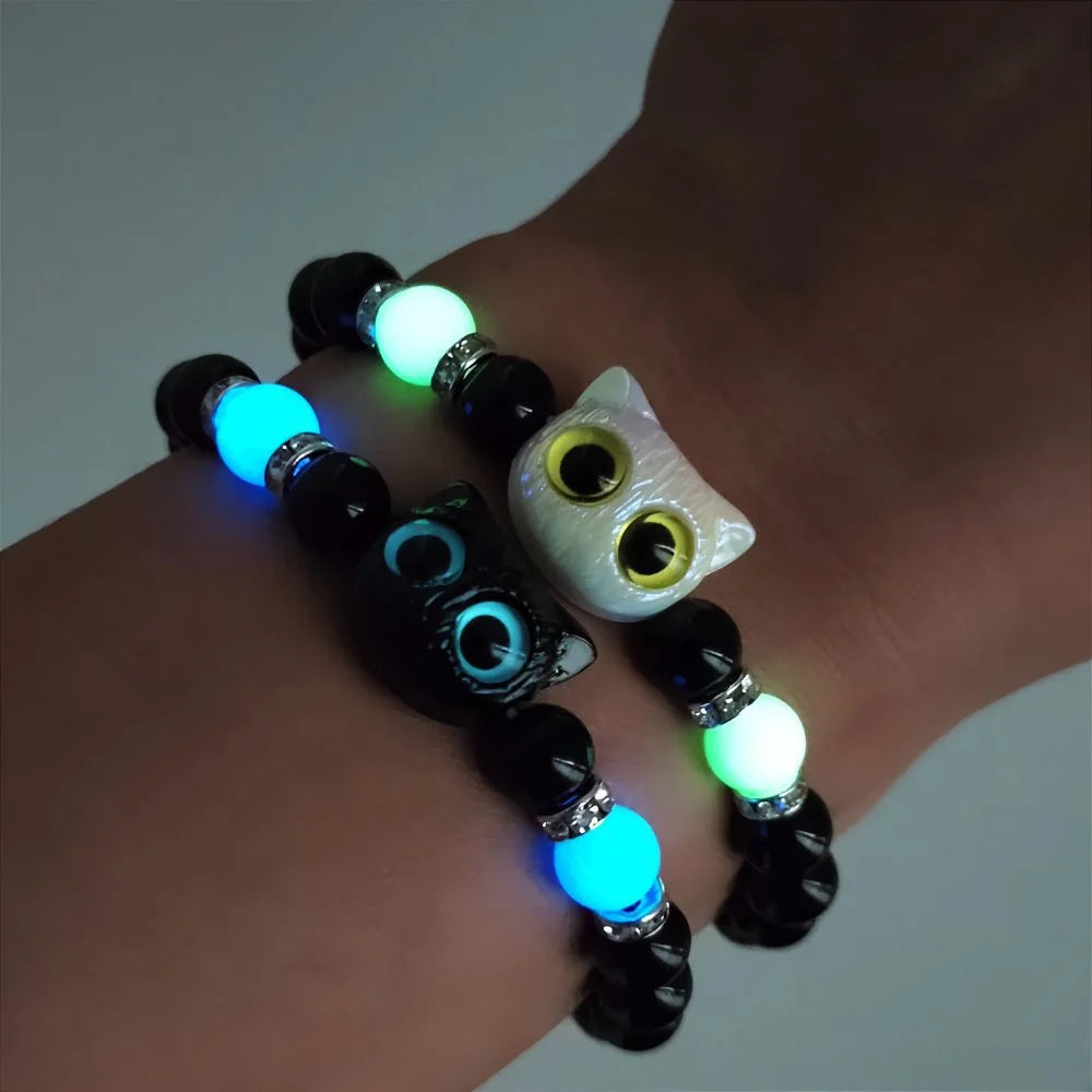 Matching Bracelets unisex Luminous Cute Cat Friendship Bracelets Black White Cat Head Bangles Glow In The Dark Gift