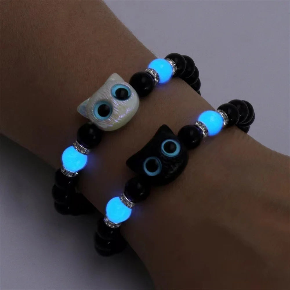 Matching Bracelets unisex Luminous Cute Cat Friendship Bracelets Black White Cat Head Bangles Glow In The Dark Gift