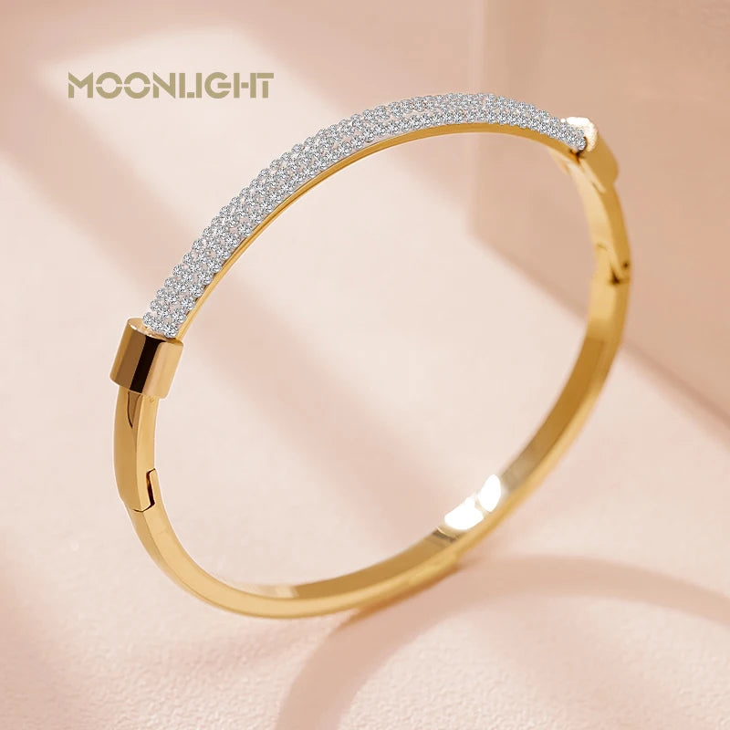 MOONLIGHT Fashion Cubic Zirconia Cuff Bangles for Women Trendy Titanium Steel Circular Classic Bracelet