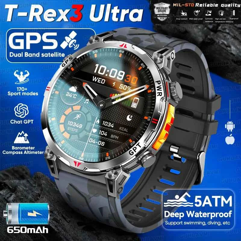 2025 New Military GPS Smartwatch T-Rex3 with 5ATM Waterproof, 650mAh Battery, Heart Rate Monitor, Compass, AI GPT, and Sports Tracker for Men - Pulse Electro