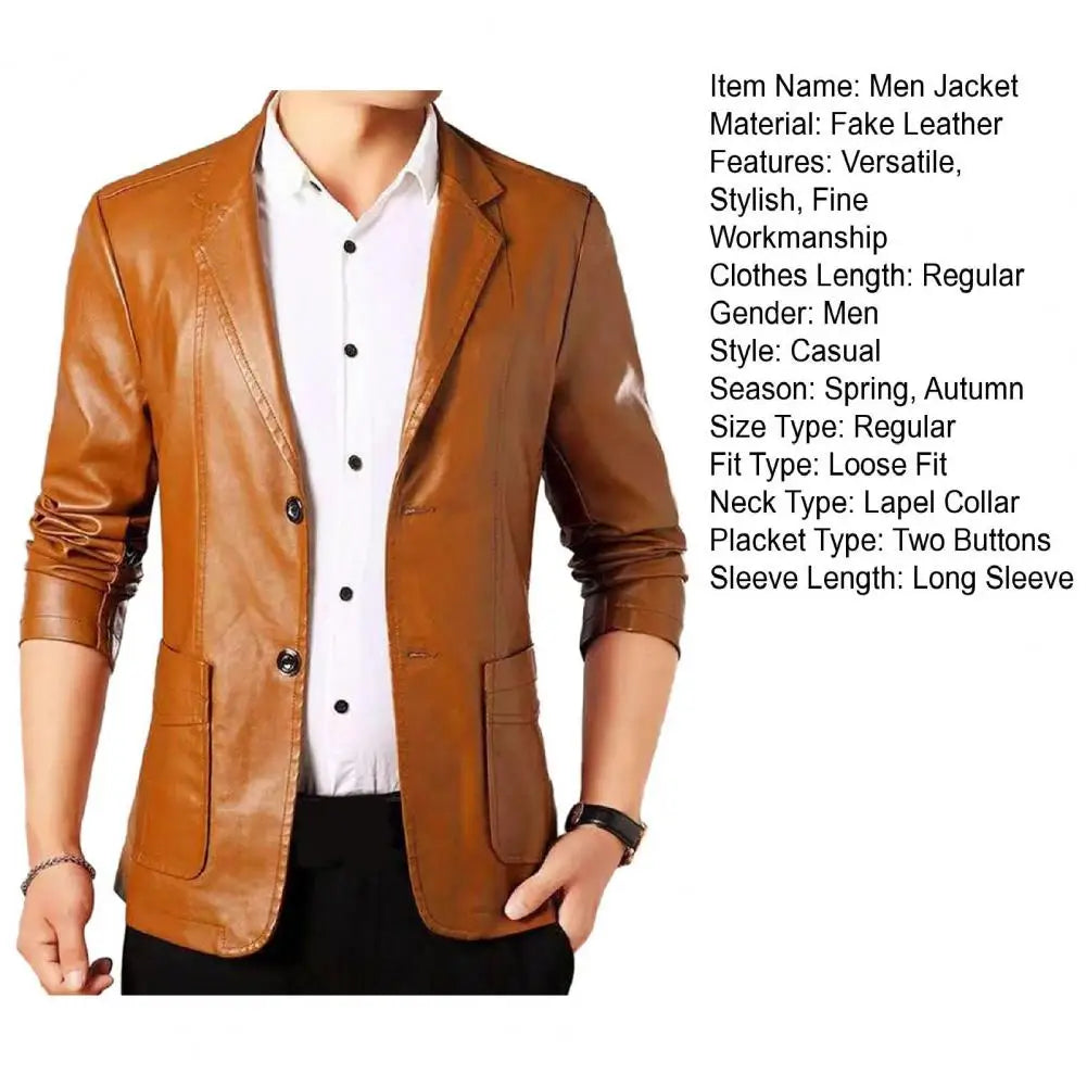 Mens' Jacket with Button Decoration Long-lasting Wear Men Jacket Stylish Lapel Collar Men's Leather Jacket for Outdoor for Men