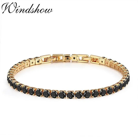 4mm 17+2cm Brass Gold Color Full Round Black CZ Tennis Bracelet & Bangles For Women Girls Jewelry Braceletes Pulseras Bracciali