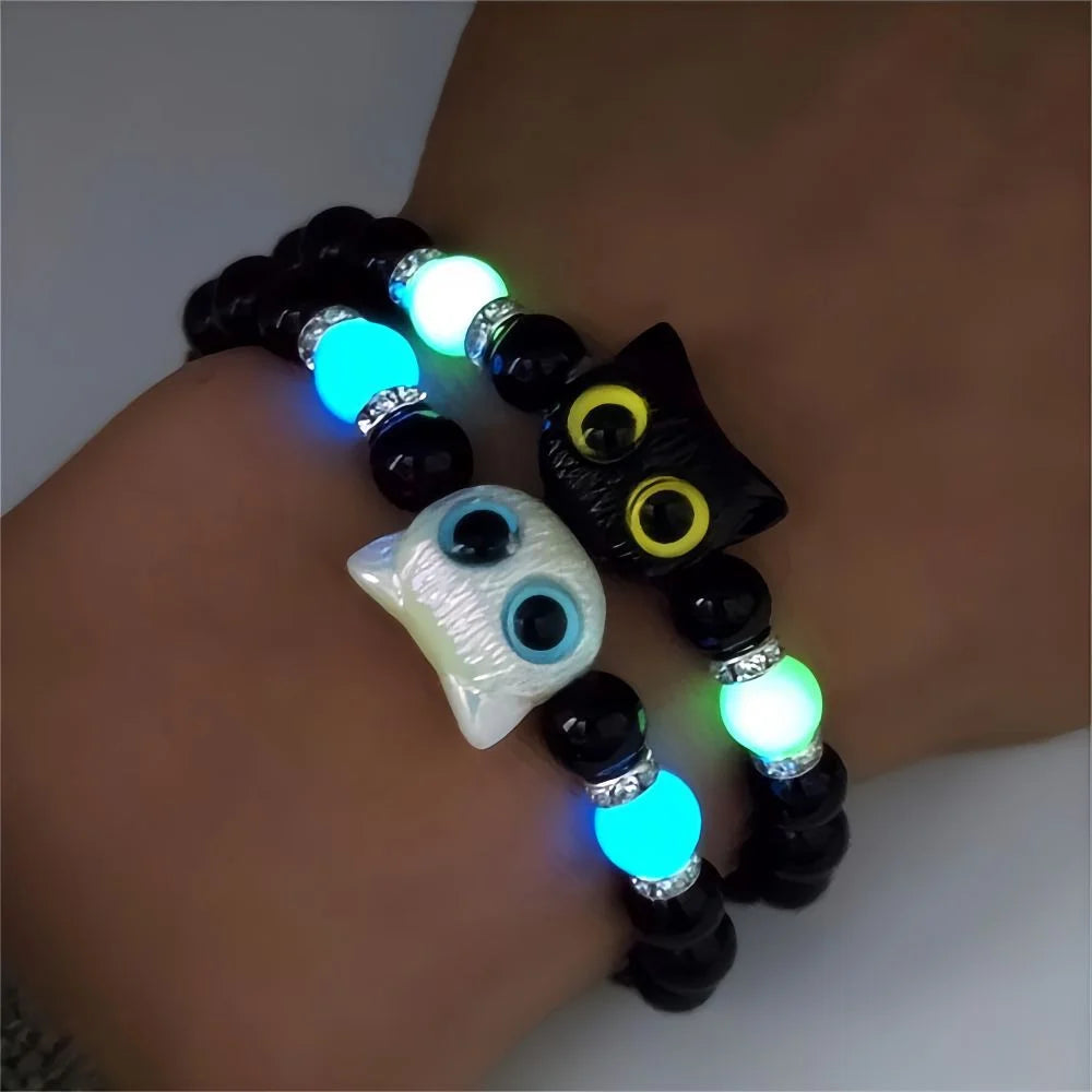 Matching Bracelets unisex Luminous Cute Cat Friendship Bracelets Black White Cat Head Bangles Glow In The Dark Gift