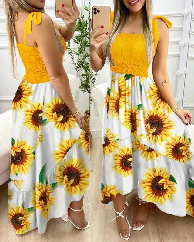 Summer Sexy Spaghetti Strap Floral Print Maxi Dress For Women Casual Elegant Chest Wrap Long Woman Beach Dress Holiday