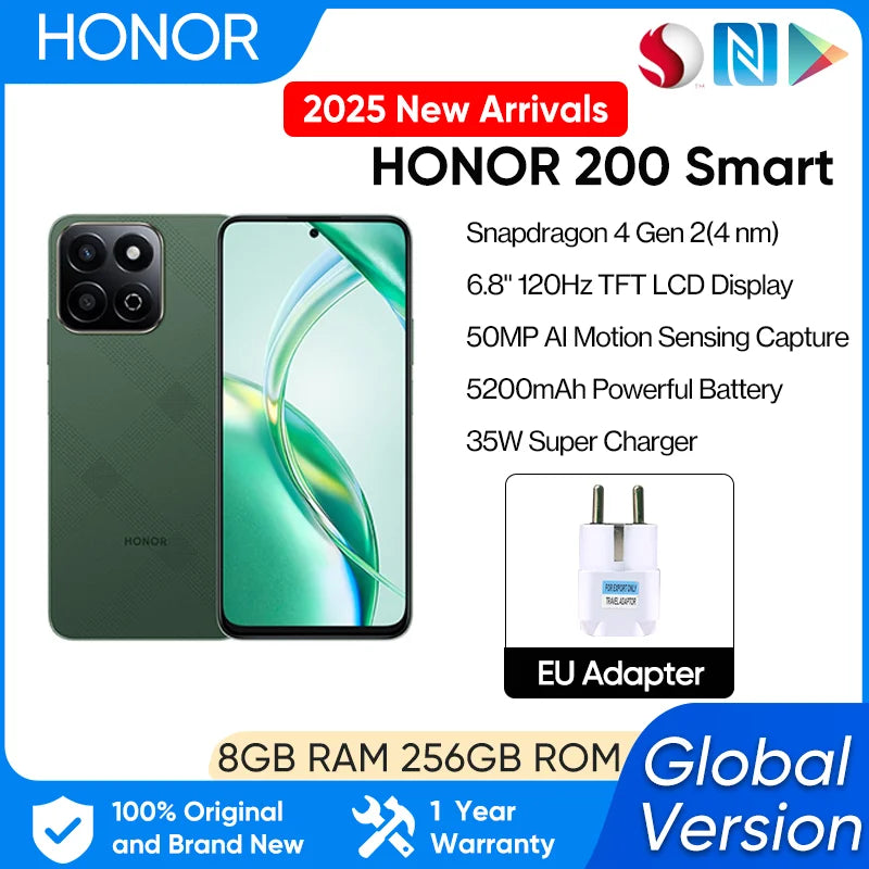 HONOR 200 Smart Global Version 6.8" FHD+ 120Hz LCD Snapdragon 4 Gen2 5200mAh 35W Fast Charge Bluetooth 5.0 Android 14 NFC